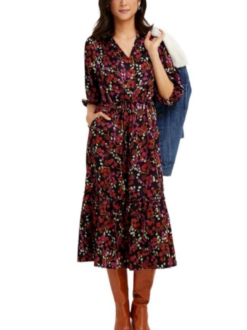 Draper James Black Floral V-Neck Tiered Midi Dress
